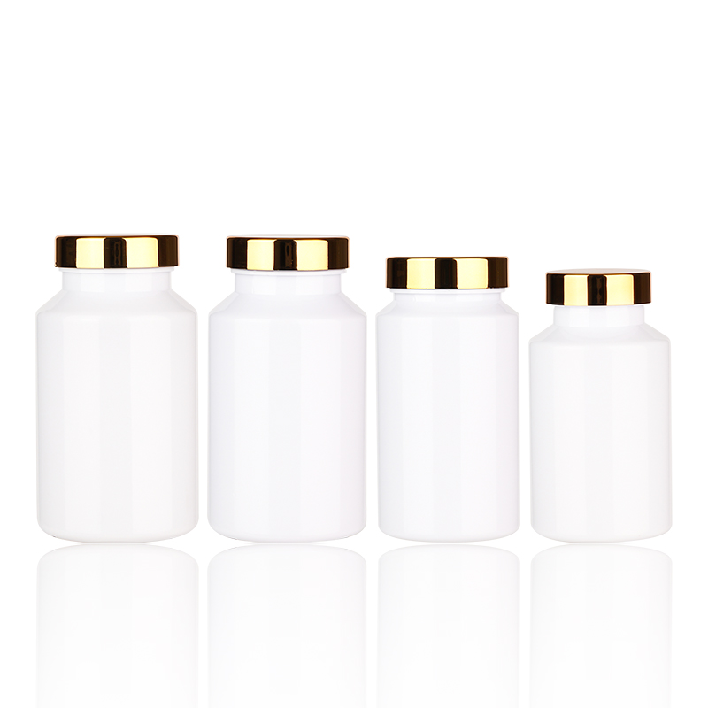 White Plastic Pill Tablet Bottles Containers with Gold Screw Cap
